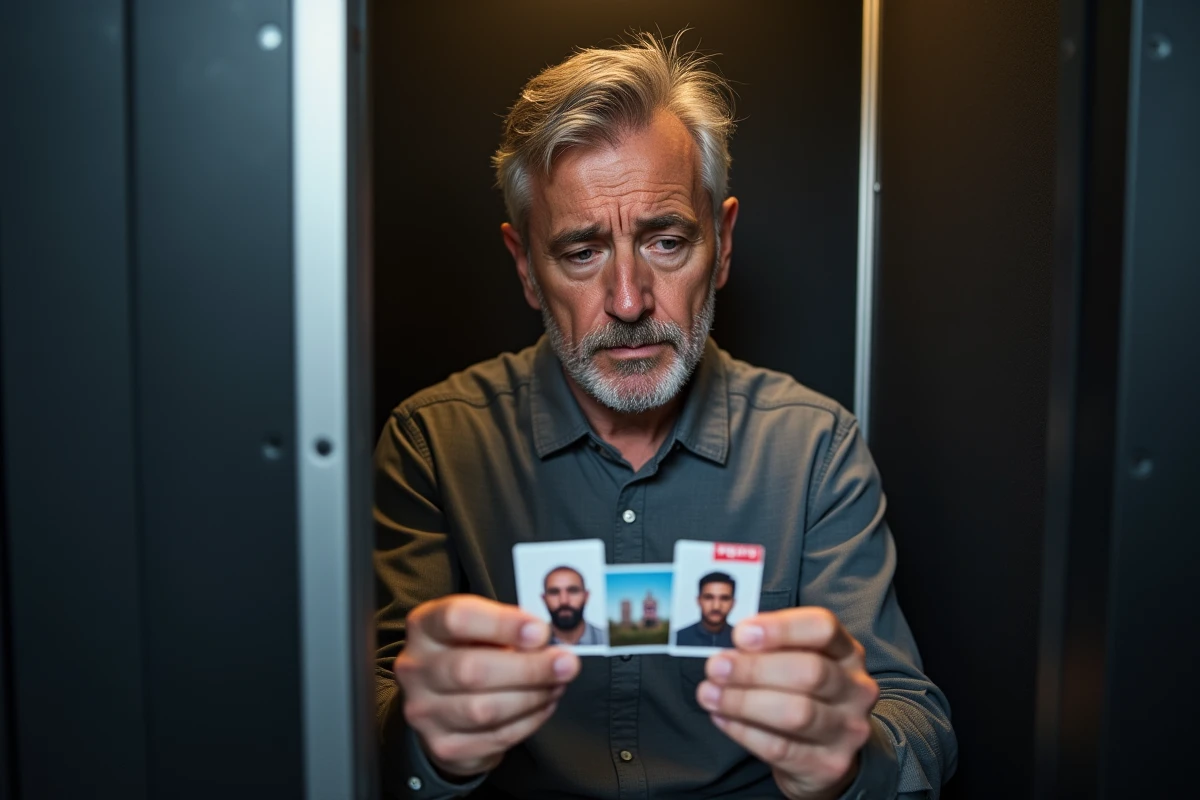 Homme examinant des photos ratées sorties d'un photomaton, représentant le gaspillage d'argent sur des photos incorrectes
