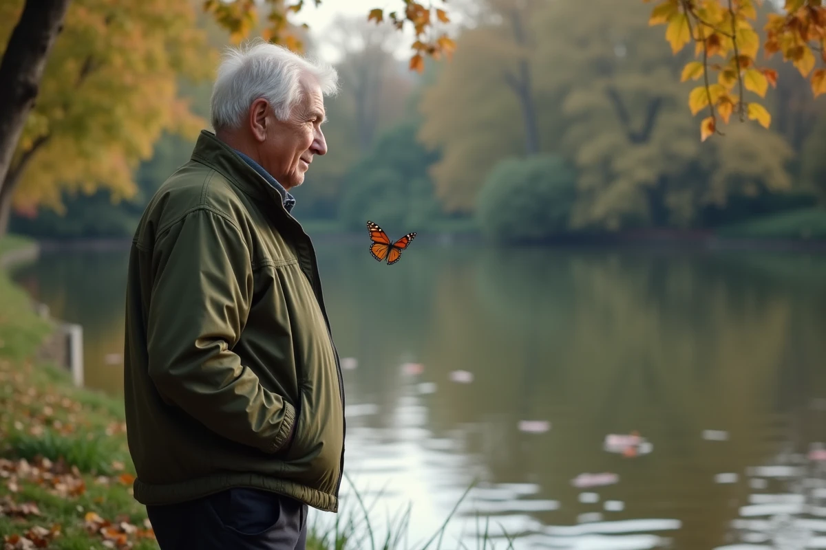 Homme âgé observant un papillon au bord du plan d