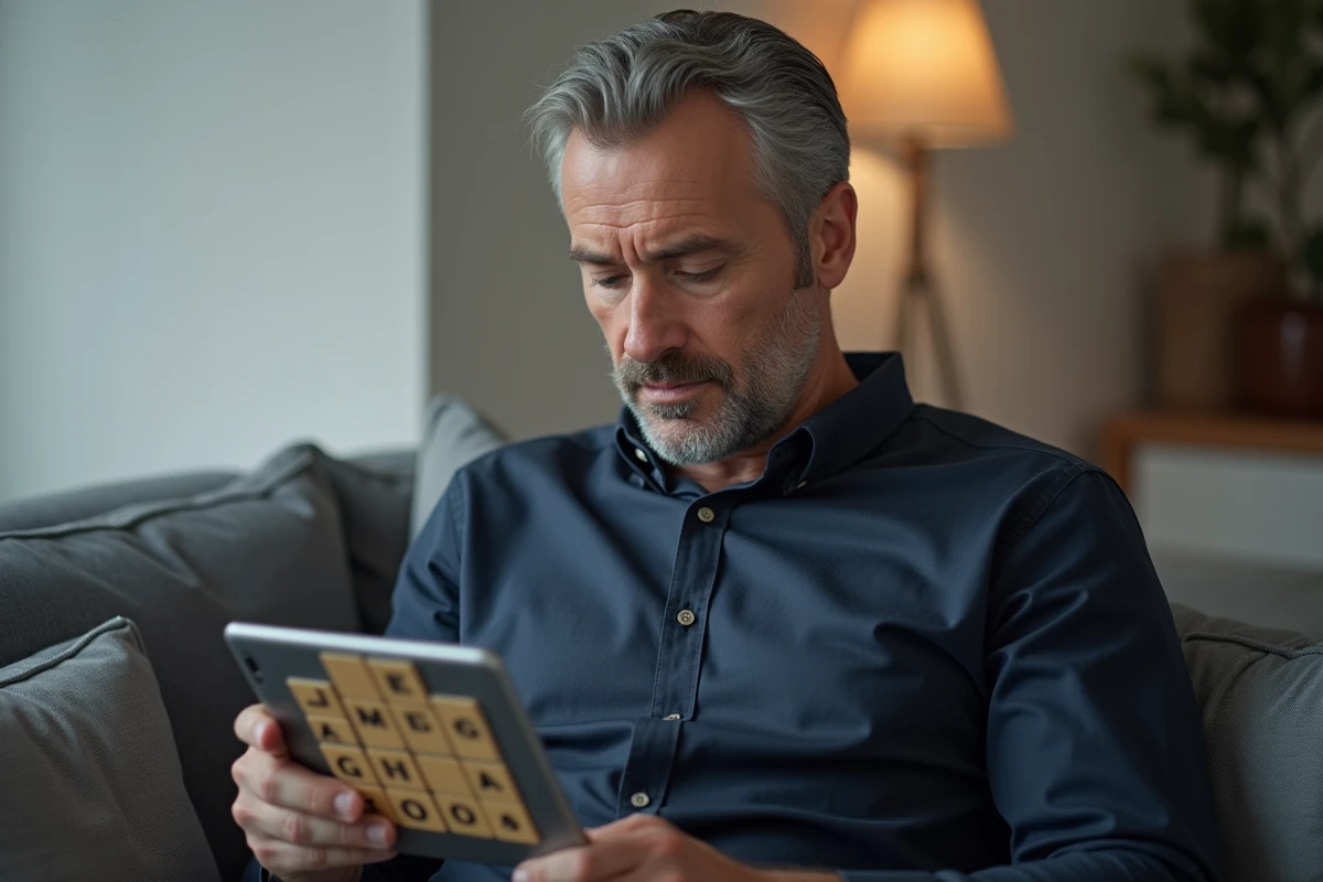 Homme adulte résolvant un mot de 9 lettres sur tablette dans un salon moderne
