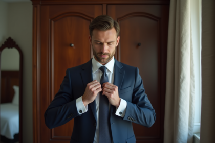 Homme en costume blanc et cravate en train de faire un nœud Windsor