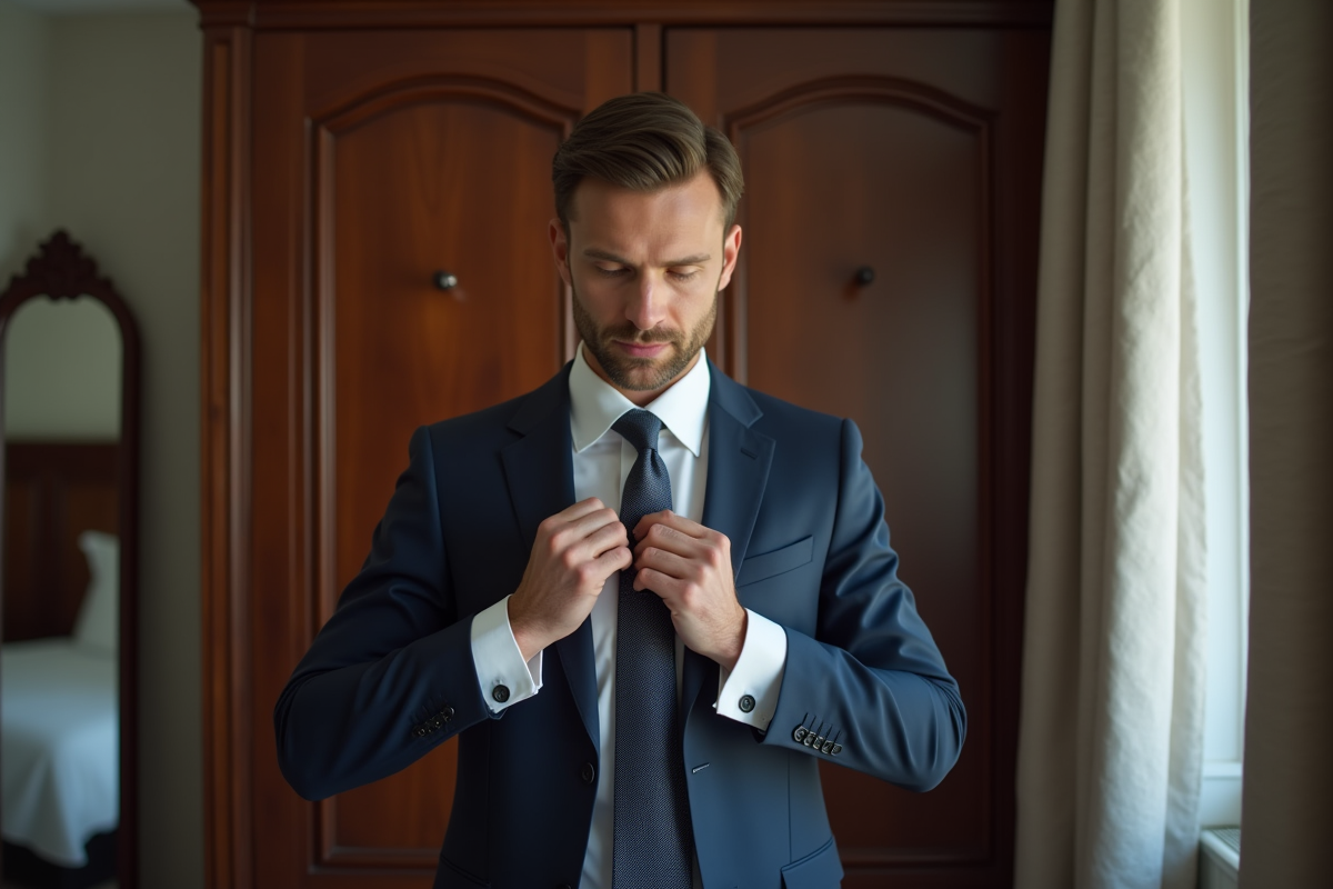Homme en costume blanc et cravate en train de faire un nœud Windsor