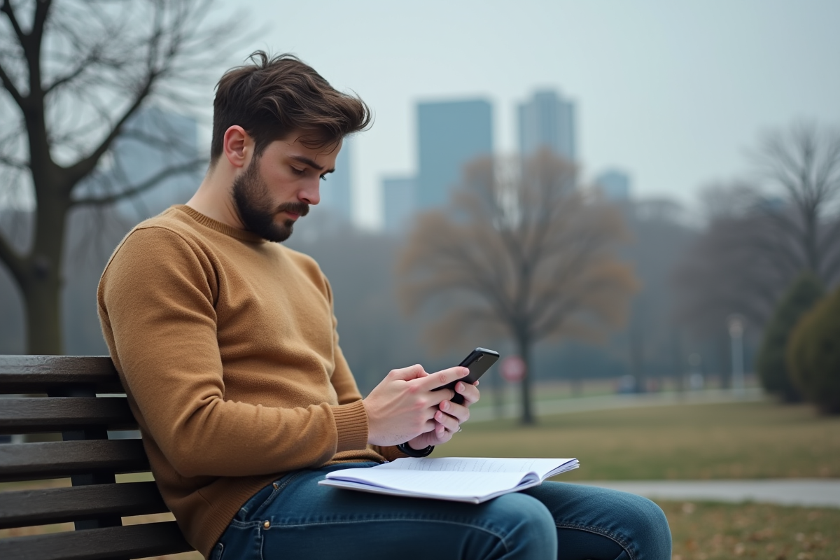 Jeune homme pensif sur un banc dans un parc en ville