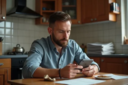 Homme en cuisine lisant une liste de prix sur son smartphone