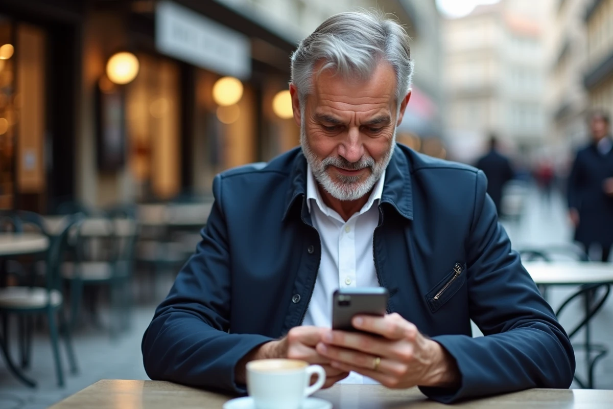 Homme consultant un calendrier de journées mondiales sur smartphone en terrasse de café en ville