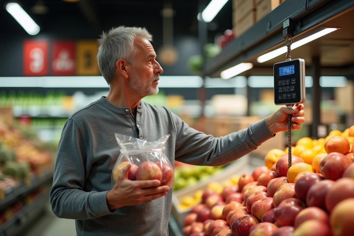 Homme tenant un sac de pommes devant une balance numérique dans un rayon de supermarché pour illustrer le poids en livres et kilogrammes