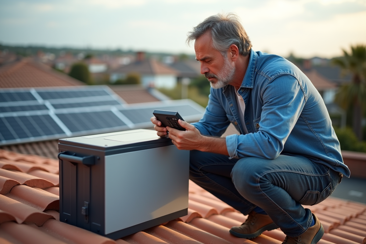 Homme d'âge moyen examinant un dispositif solaire sur un toit résidentiel
