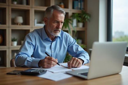 Homme concentré travaillant à domicile avec papiers et ordinateur