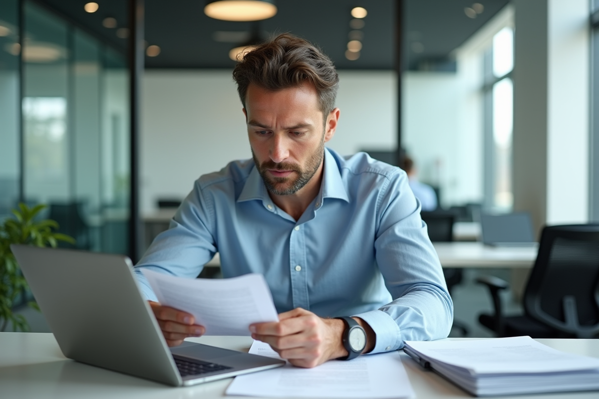 Homme d'âge moyen compare documents papier et numérique