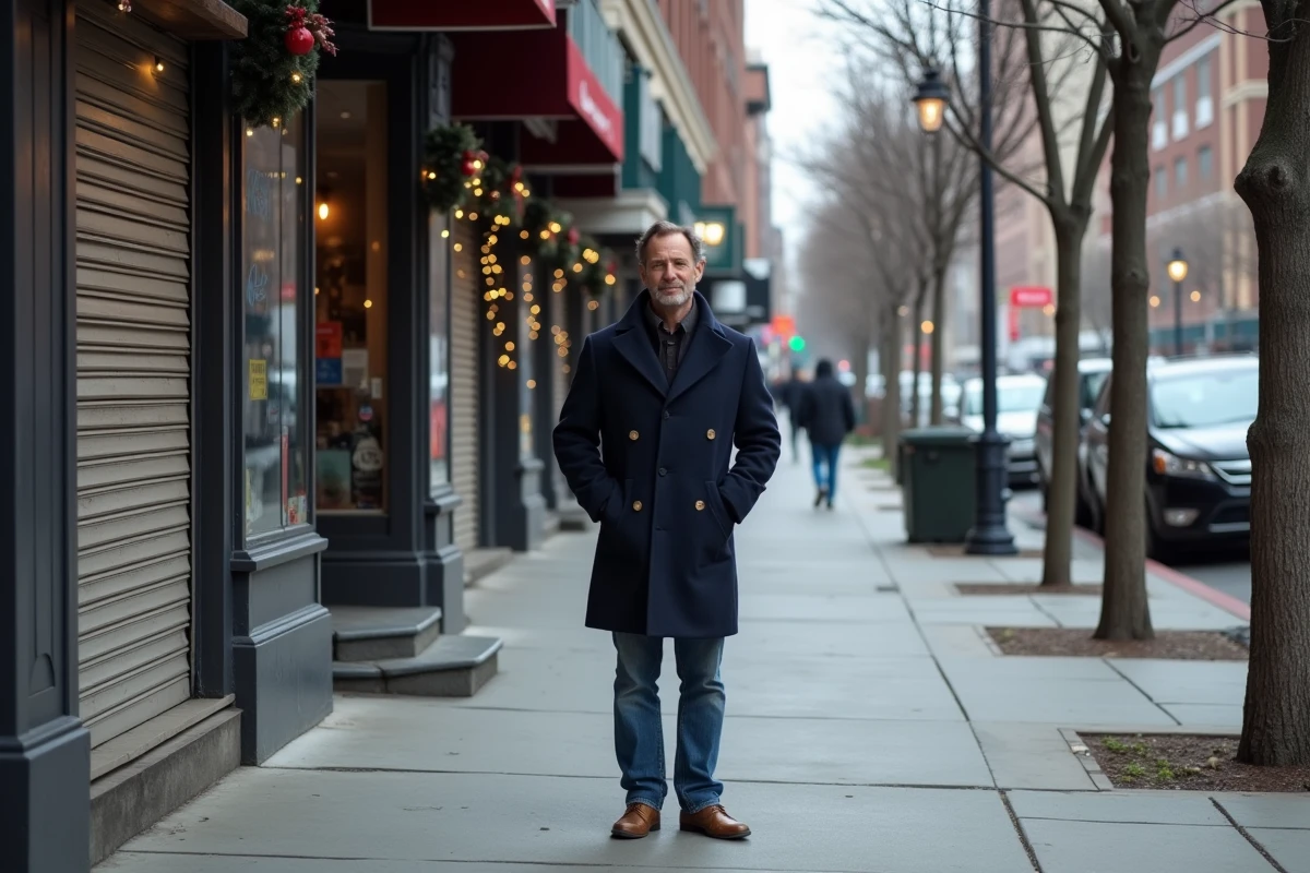 Homme d'âge moyen dans une ville calme en hiver