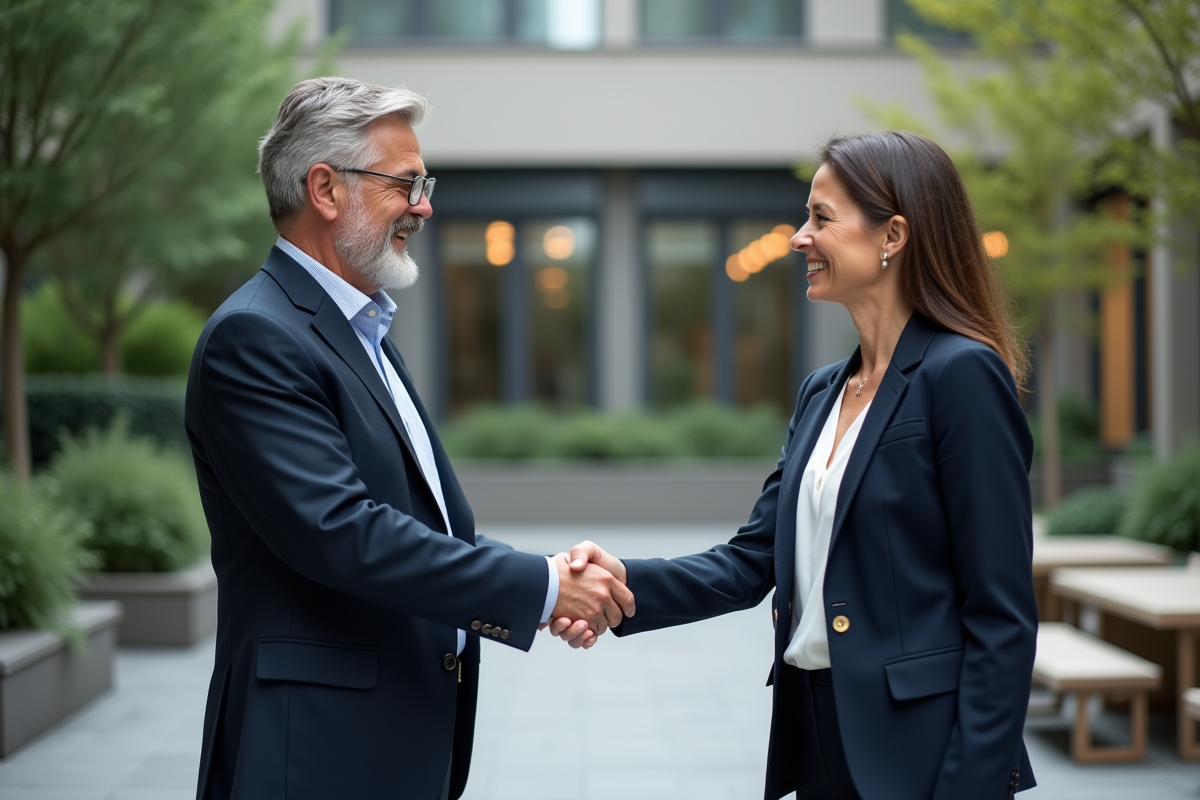 Deux managers se serrant la main dans une cour extérieure