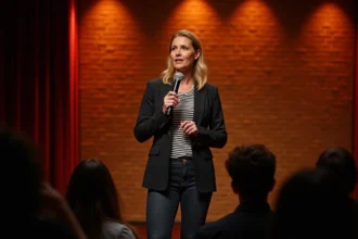 Humoriste française sur scène en plein stand-up dans un comedy club parisien au décor de briques apparentes
