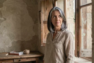 Femme aux cheveux grisonnants regardant par une fenêtre aux volets en bois dans une maison isolée de campagne européenne, évoquant la discrétion et le retrait de la vie publique