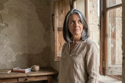 Femme aux cheveux grisonnants regardant par une fenêtre aux volets en bois dans une maison isolée de campagne européenne, évoquant la discrétion et le retrait de la vie publique