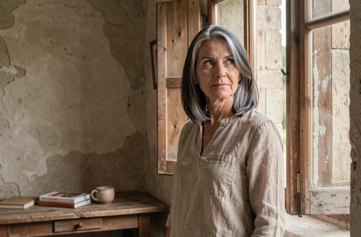 Femme aux cheveux grisonnants regardant par une fenêtre aux volets en bois dans une maison isolée de campagne européenne, évoquant la discrétion et le retrait de la vie publique