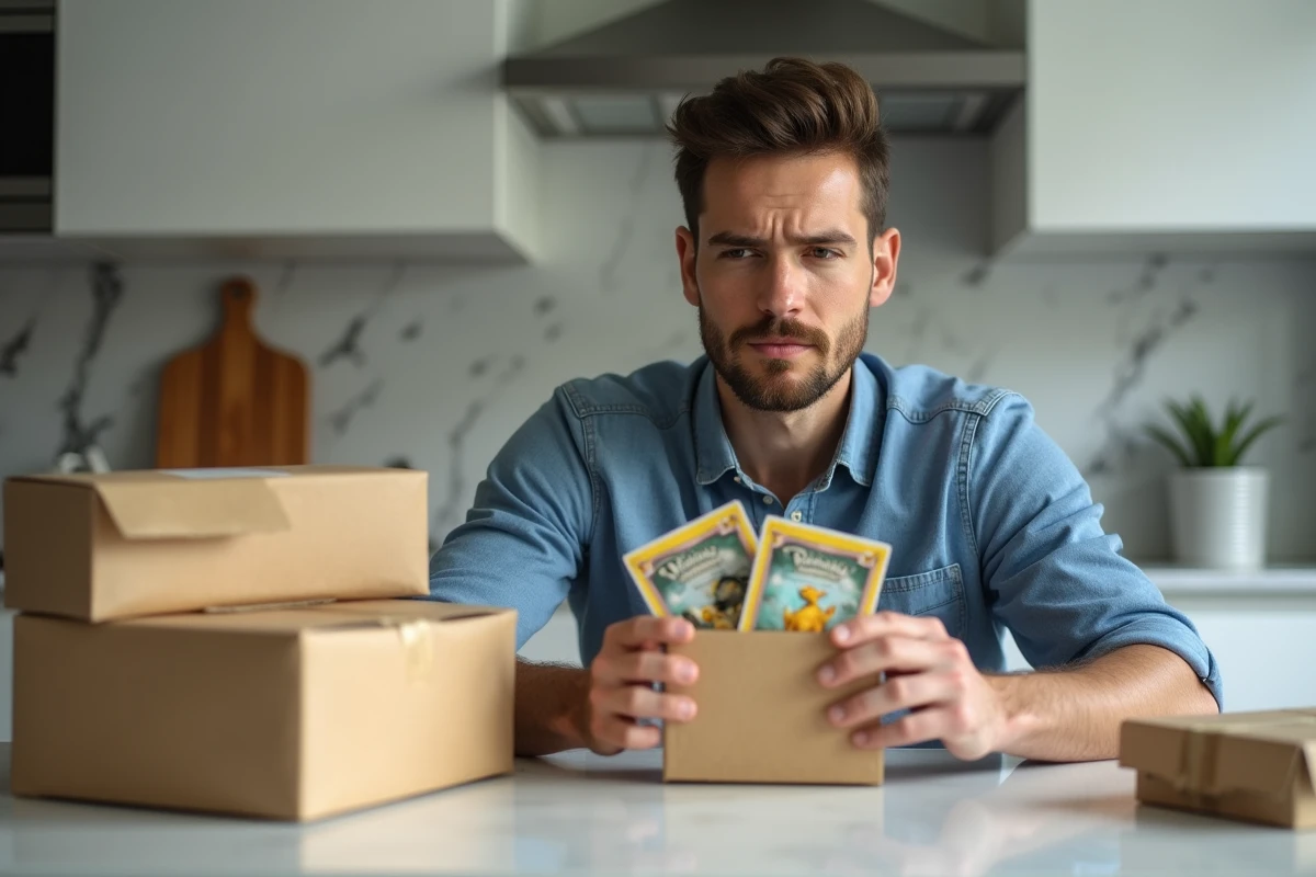 Homme inspectant un colis de boosters Pokémon reçu d'un shop en ligne, évaluant la conformité de la commande