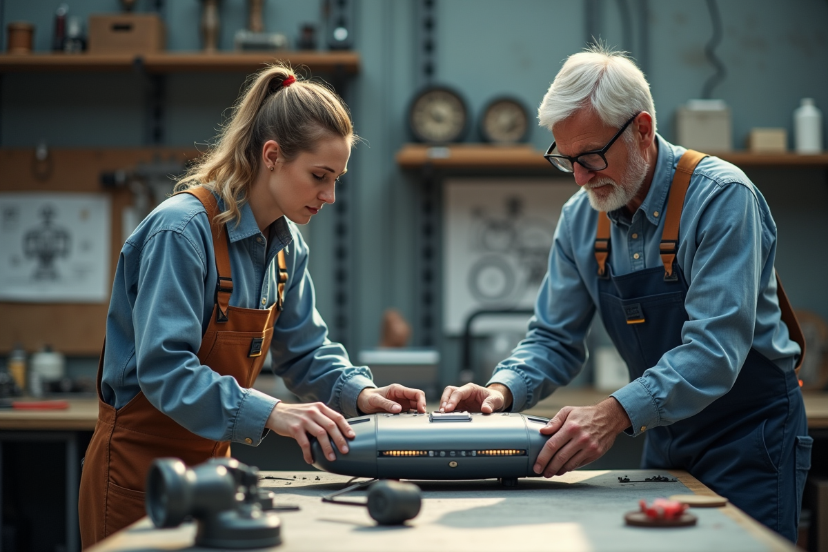Deux inventeurs examinant un prototype dans un atelier