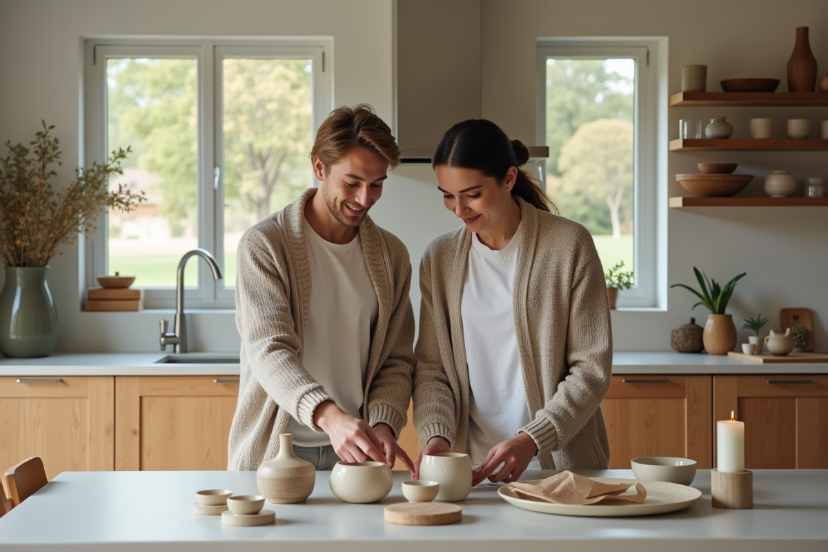 Jeune couple arrangeant des vases dans une cuisine scandinave