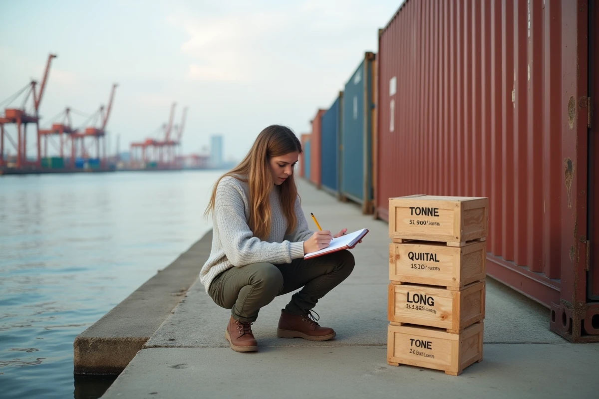 Jeune femme mesurant des caisses sur un quai avec containers