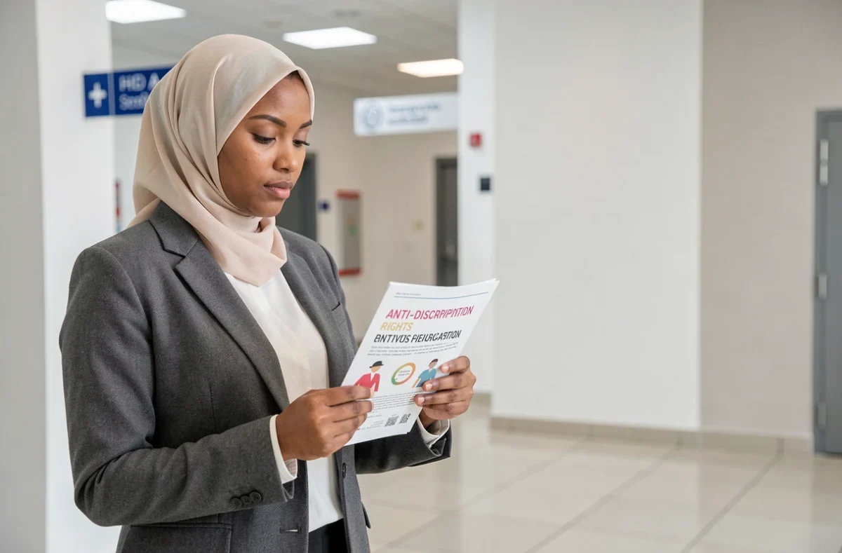 Jeune femme tenant un guide sur les droits anti-discrimination dans un hall administratif public