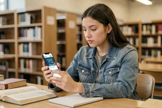 Jeune femme consultant le site infos-discriminations.fr sur son smartphone dans une bibliothèque publique