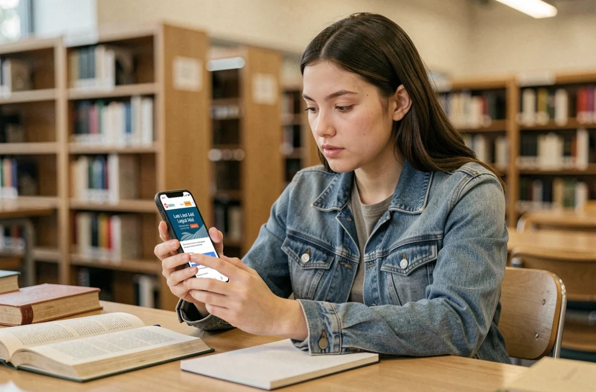 Jeune femme consultant le site infos-discriminations.fr sur son smartphone dans une bibliothèque publique