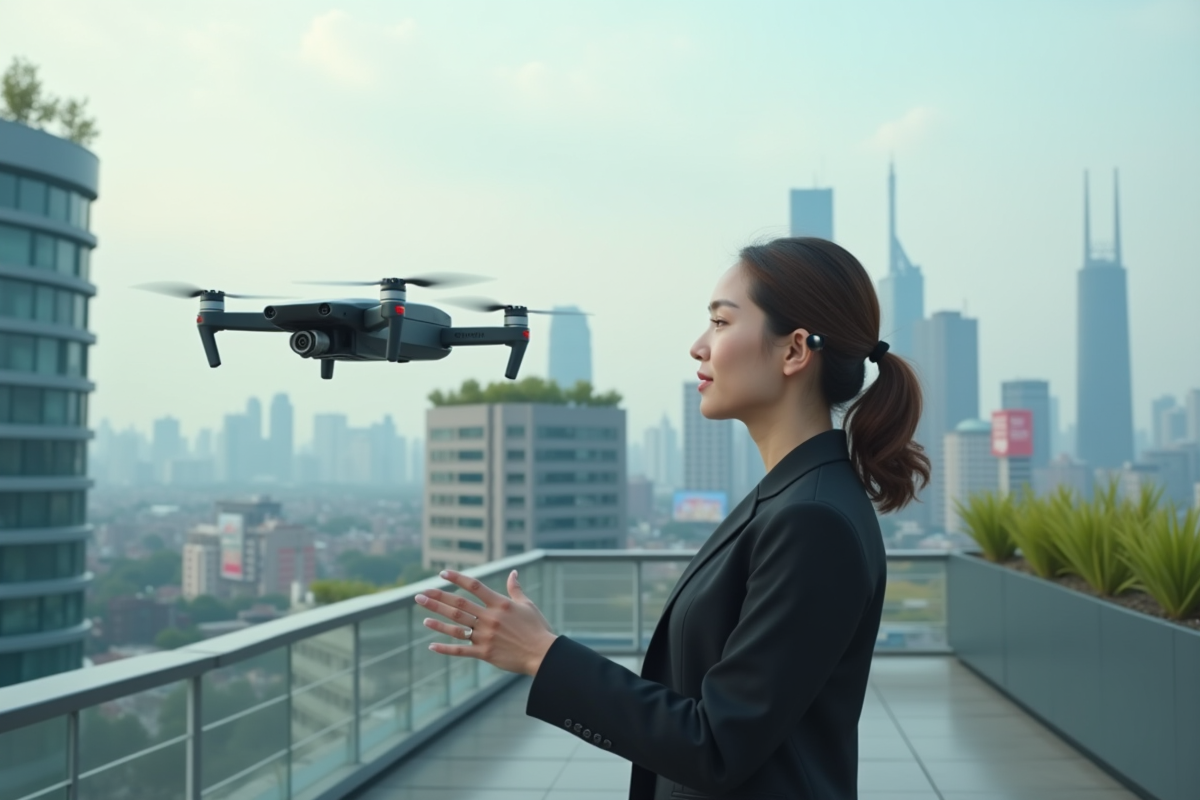 Jeune femme en costume moderne interagit avec un drone taxi urbain