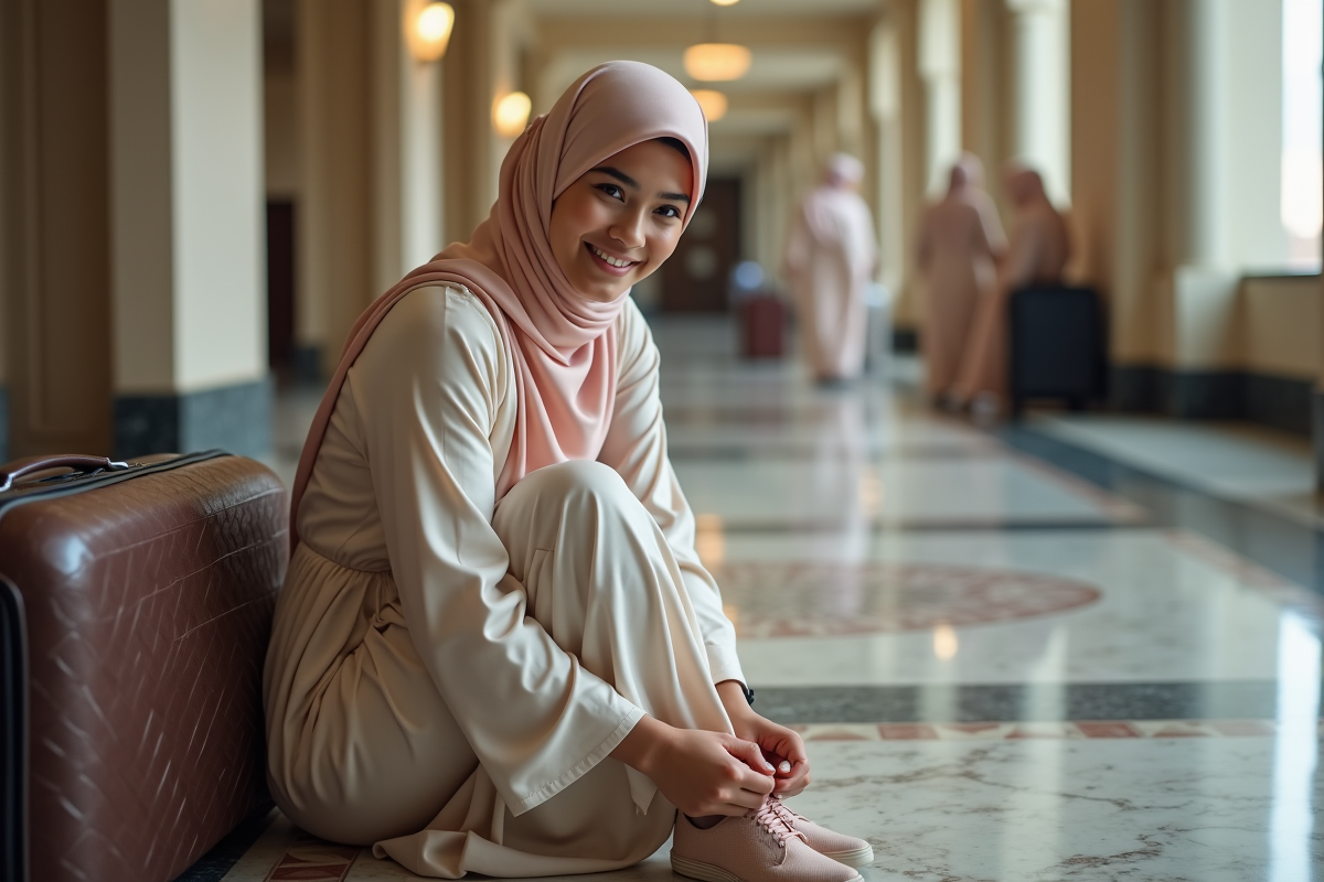 Jeune femme musulmane en hijab pastel dans un lobby de hotel