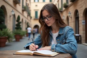 Jeune femme écrivant dans un carnet en piazza italienne