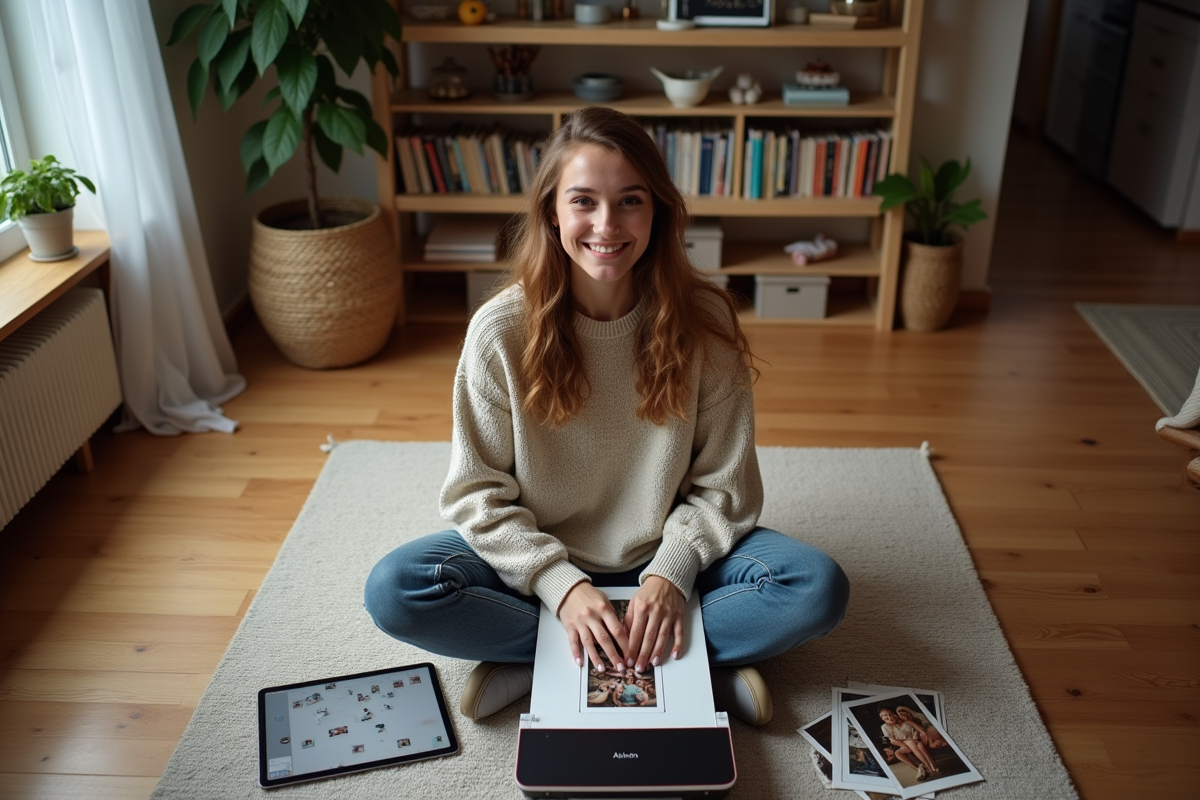 Jeune femme scanne des photos de famille à la maison