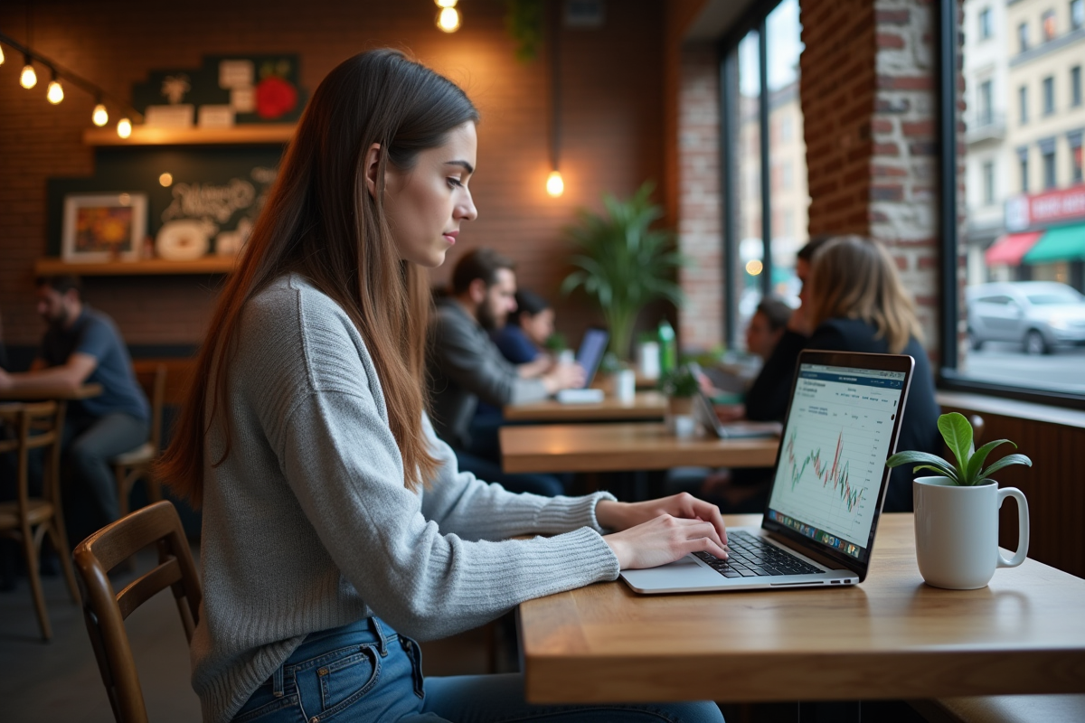 Jeune femme en casual travaillant sur un ordinateur portable au café