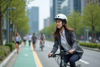 Jeune femme en vélo électrique dans une ville moderne
