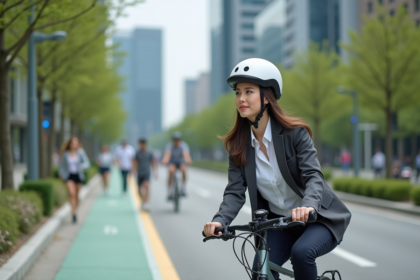 Jeune femme en vélo électrique dans une ville moderne