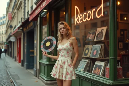 Jeune femme en tenue yéyé des années 60 devant un magasin de disques vinyle à Paris