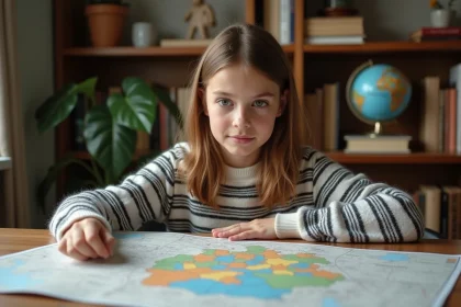 Jeune fille étudiant une carte de l'Allemagne dans un bureau