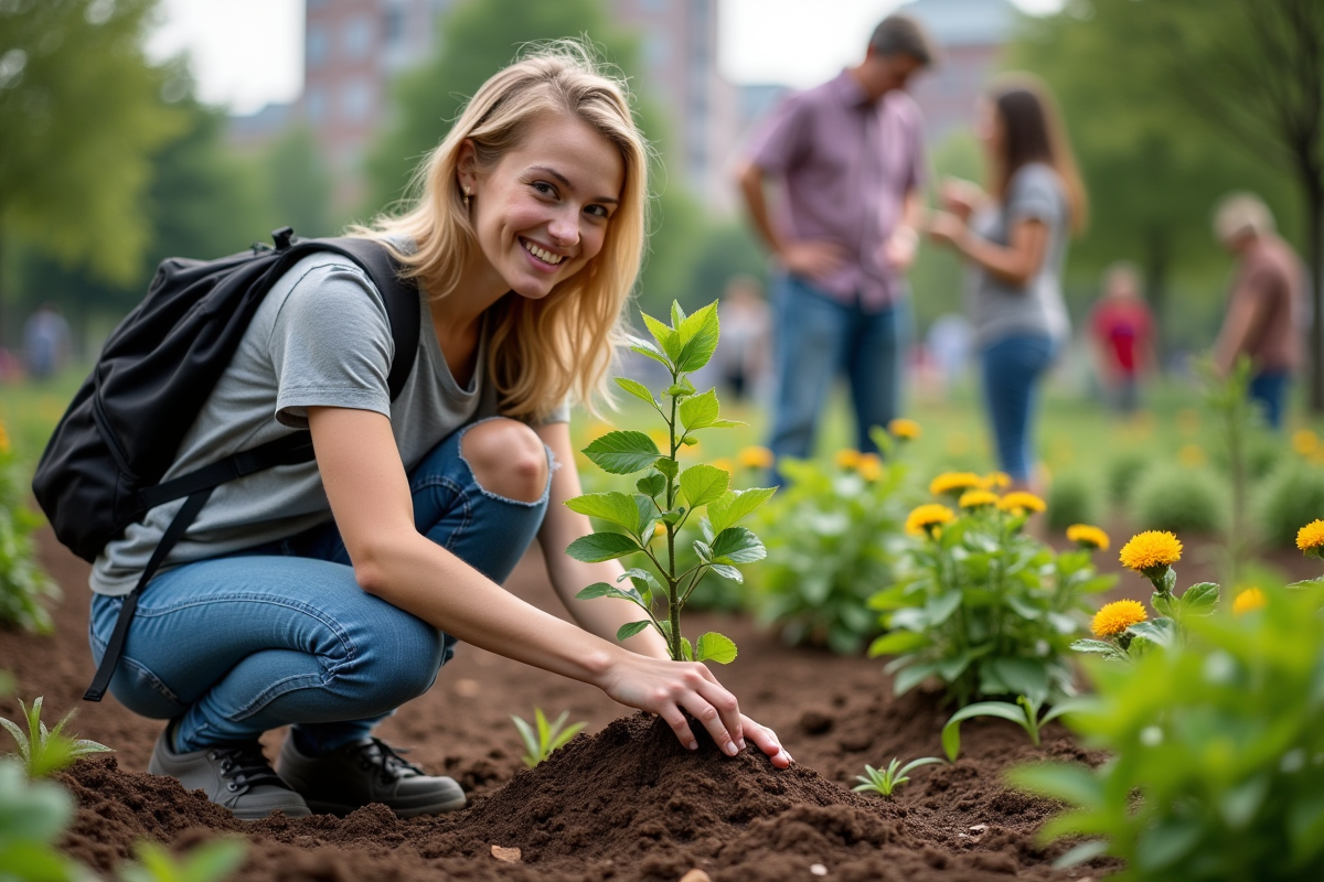 Jeune femme plantant un arbre dans un jardin communautaire urbain