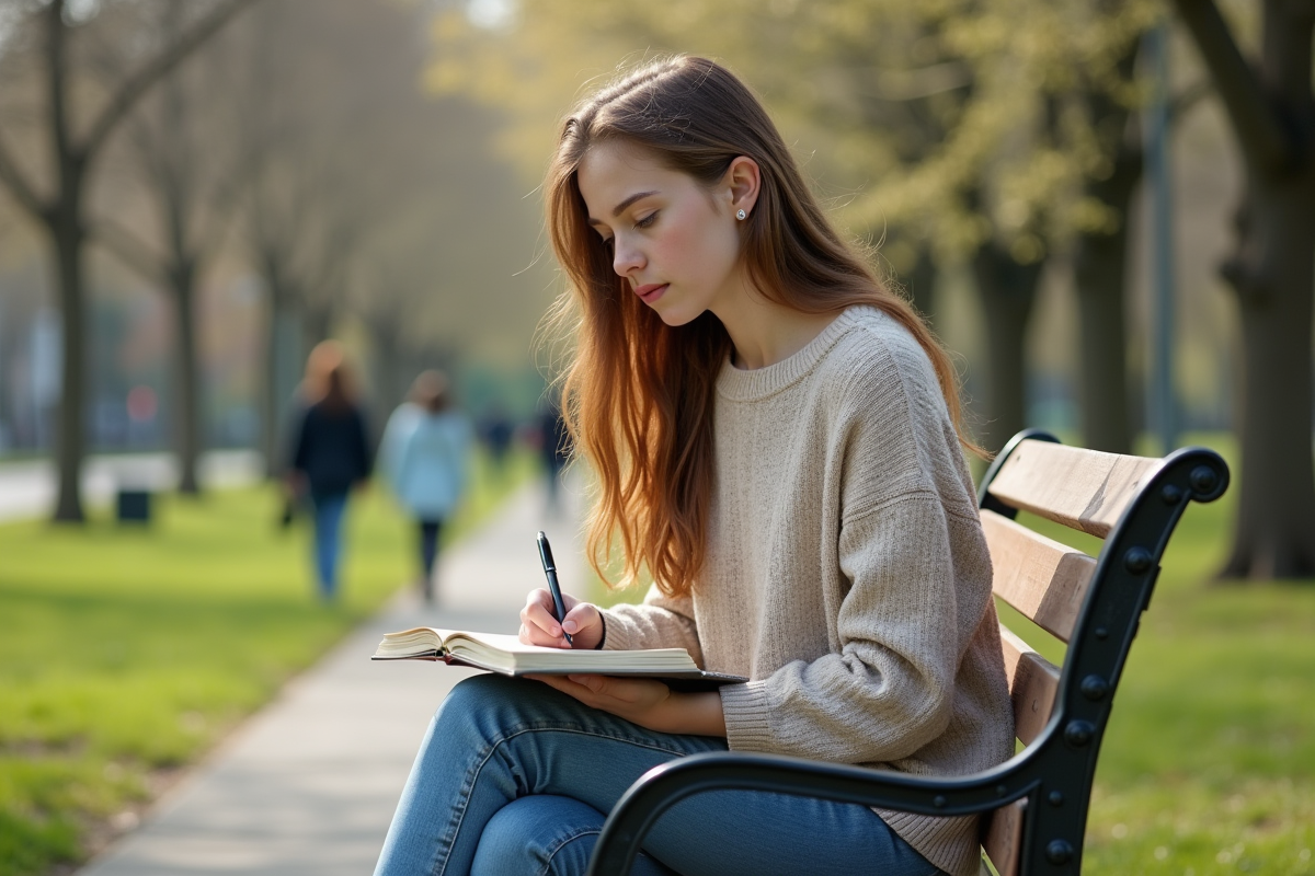Jeune fille de 16 ans écrit dans un journal en plein parc au printemps