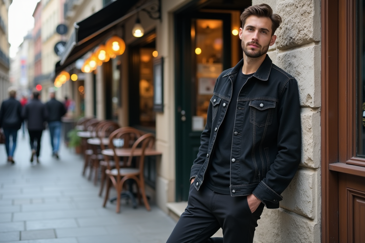 Jeune homme en noir dans une rue animée de ville