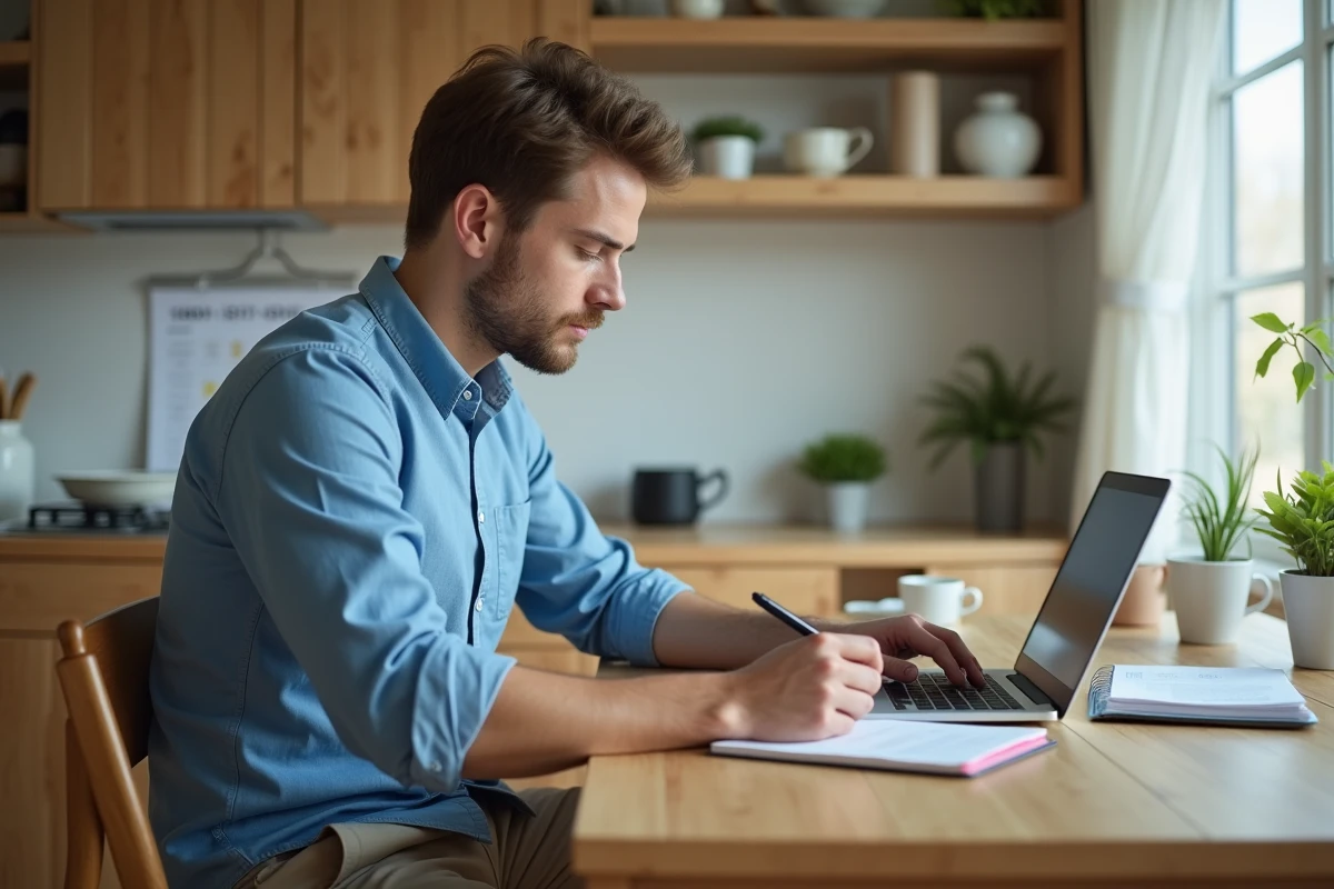 Jeune homme à la maison en train de noter sur son ordinateur