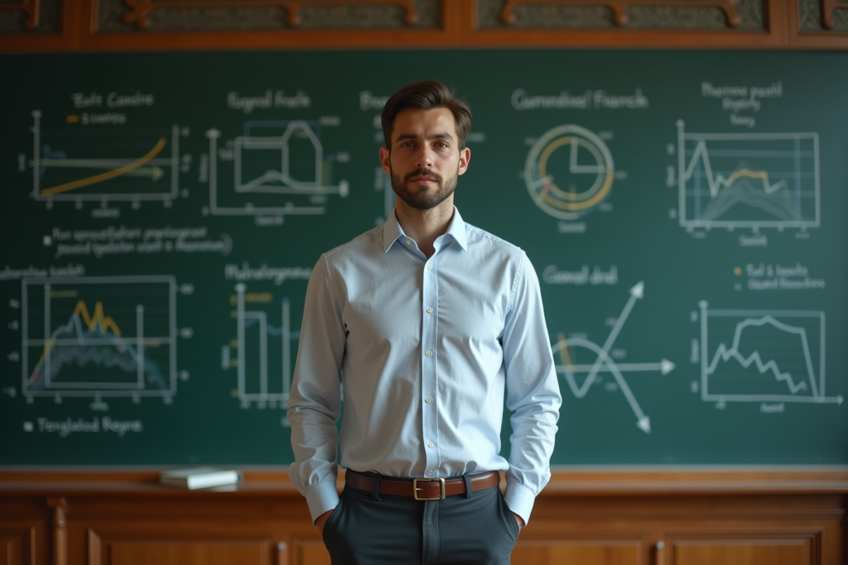 Jeune homme devant un tableau avec diagrammes financiers