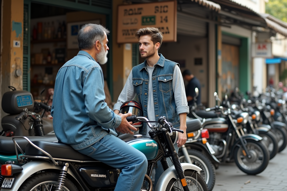 Jeune homme discutant avec un mécanicien devant une moto usagée
