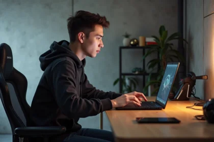 Jeune homme concentré jouant sur un ordinateur portable gaming