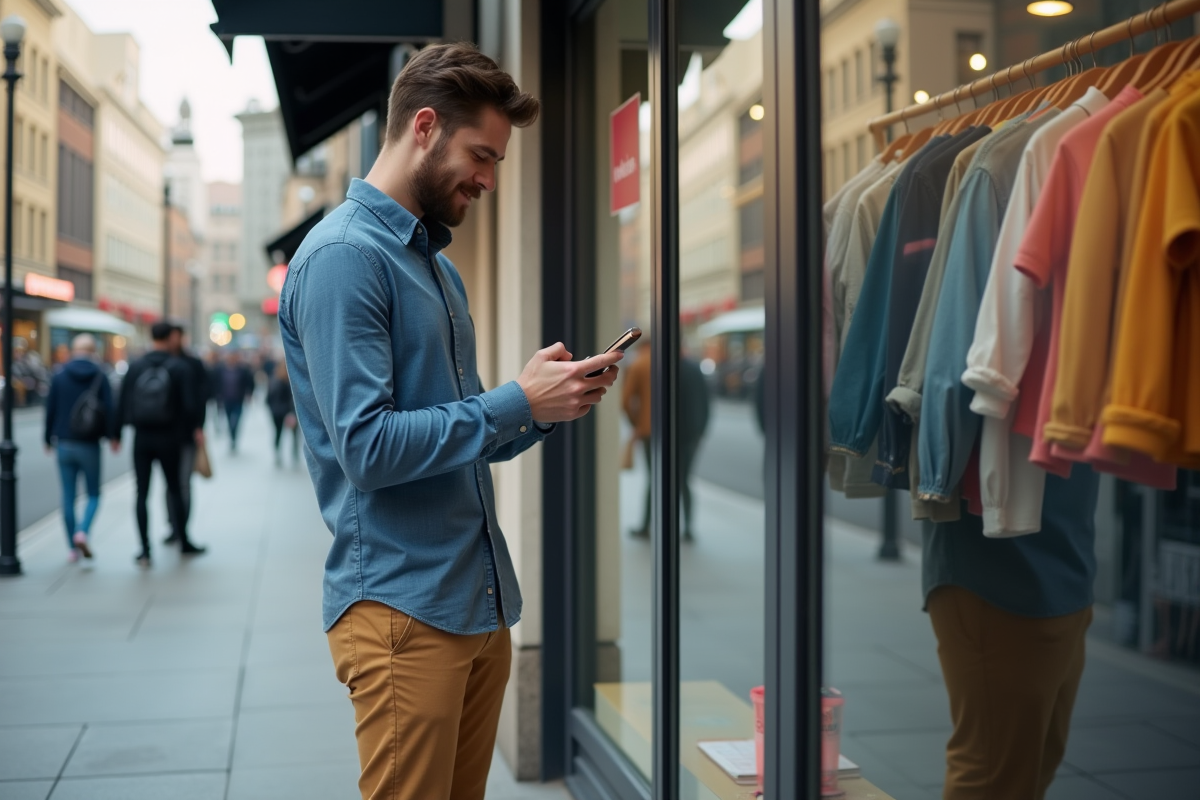 Jeune homme regardant les prix devant une vitrine de magasin
