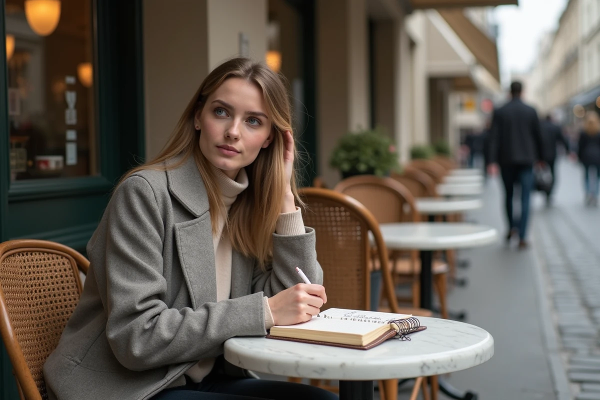 Jeune humoriste française écrivant ses blagues dans un carnet dans un café de Paris