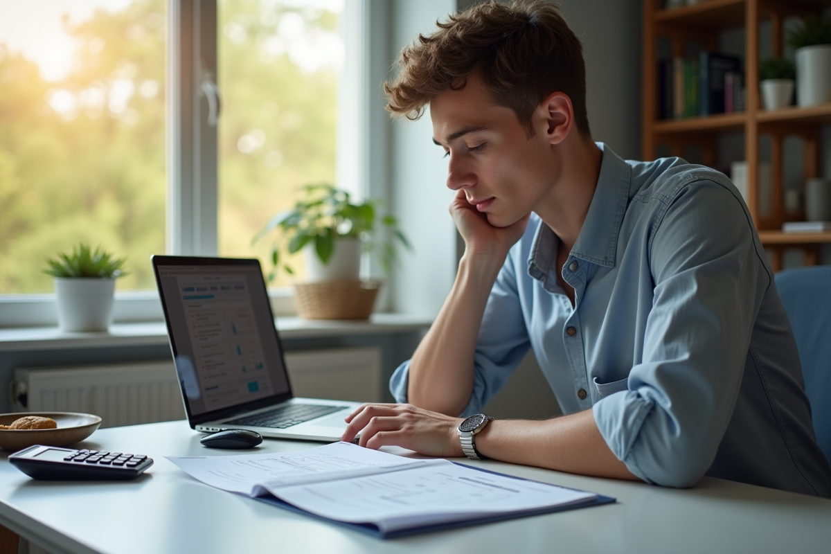 Jeune professionnel regardant sa fiche de paie dans un bureau moderne