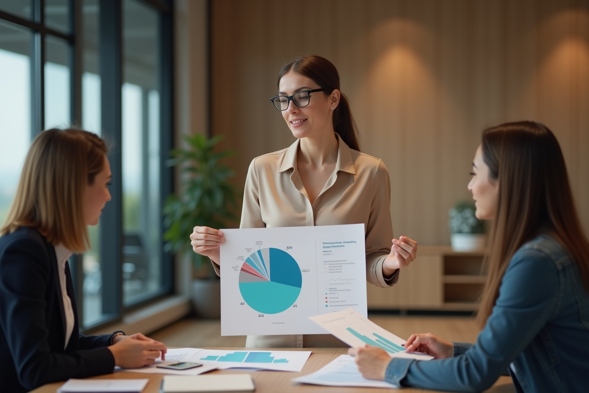 Jeune femme présentant un graphique à ses collègues en réunion