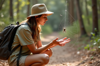 Jeune randonneuse examine une araignee orbweaver dans la foret australienne