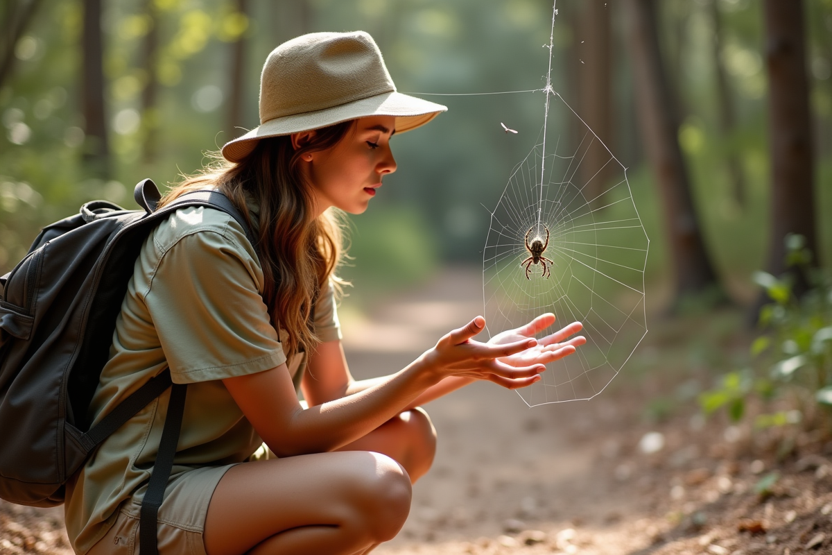 Jeune randonneuse examine une araignee orbweaver dans la foret australienne