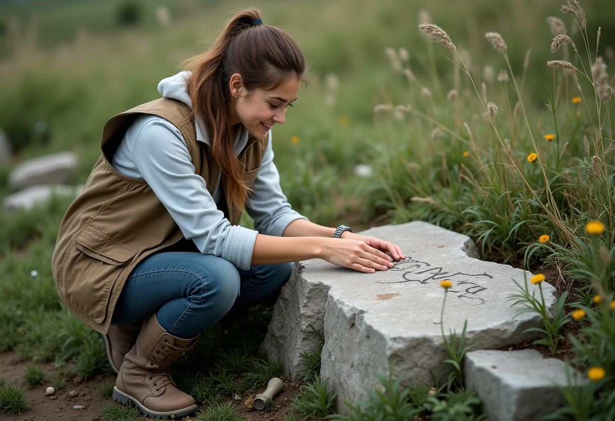 Jeune scientifique examine une ancienne pierre en plein air
