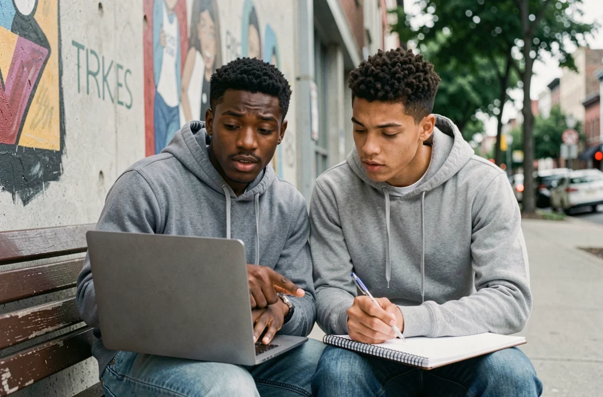 Deux jeunes hommes consultant des ressources juridiques contre les discriminations devant un centre jeunesse