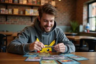 Joueur adulte examinant une carte holographique Pokémon dans un café de jeux de société, extension JCC Sortie Aventure Ensemble